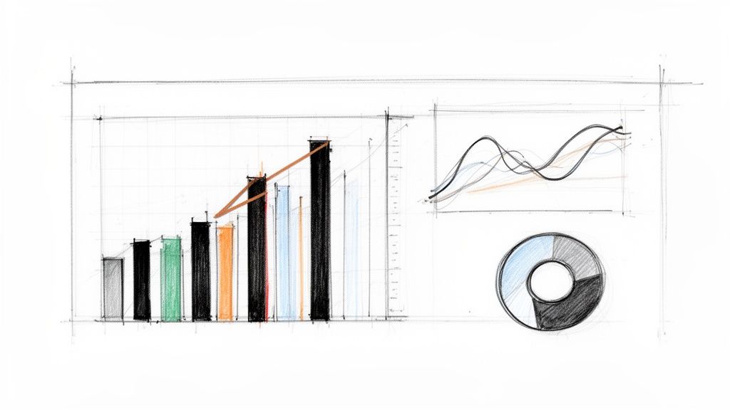 Handgezeichnete Skizze mit verschiedenen Diagrammen: Balkendiagramm, Liniengraph und Donut-Diagramm, symbolisiert Datenanalyse.