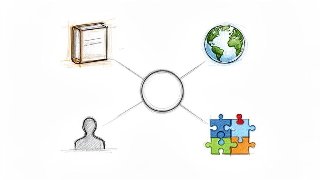 Konzeptdiagramm mit Buch, Globus, Person und Puzzleteilen, die mit einem zentralen Kreis verbunden sind.