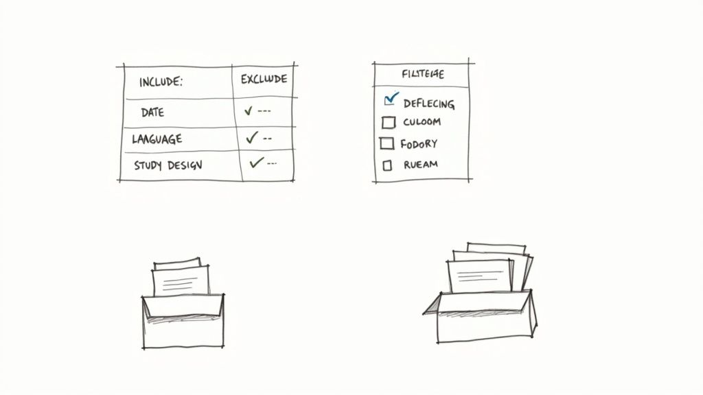 Eine Person sortiert Dokumente an einem Schreibtisch, was den Prozess der Auswahl von Literaturquellen visualisiert