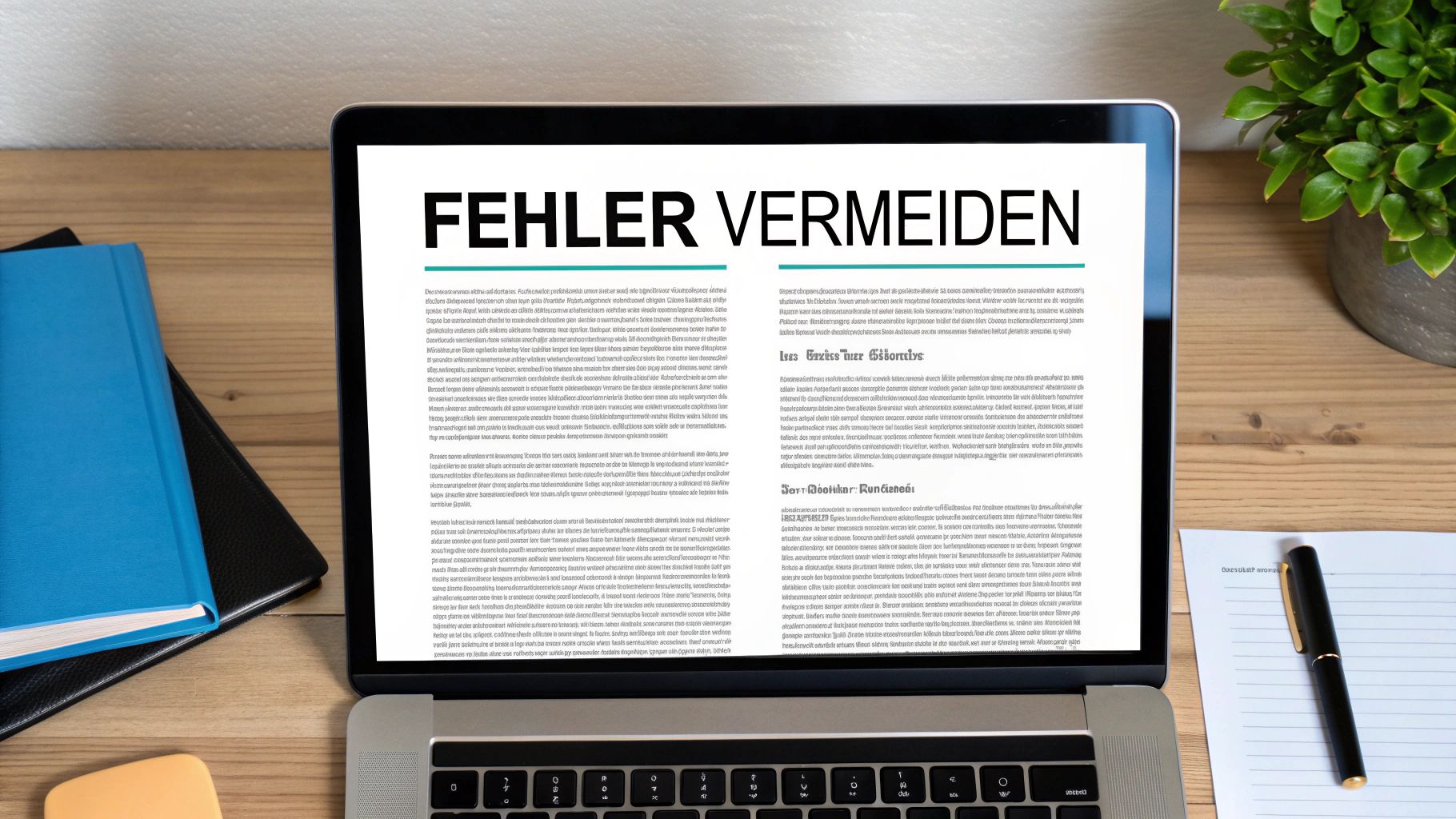 Ein Laptop auf einem Holztisch zeigt ein Dokument mit dem Titel 