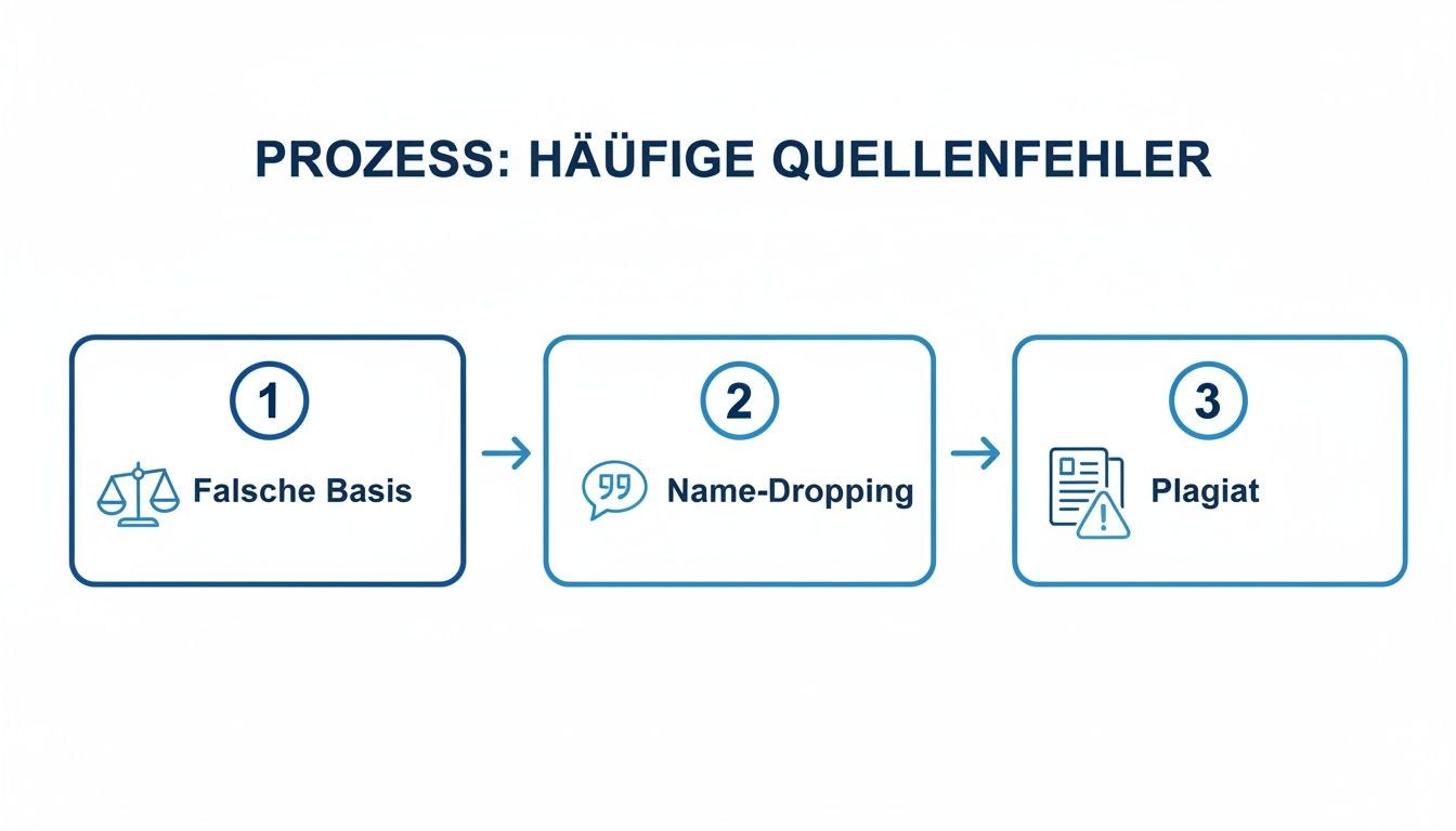 Ein Flussdiagramm zeigt den Prozess häufiger Quellenfehler: Falsche Basis, Name-Dropping und Plagiat.