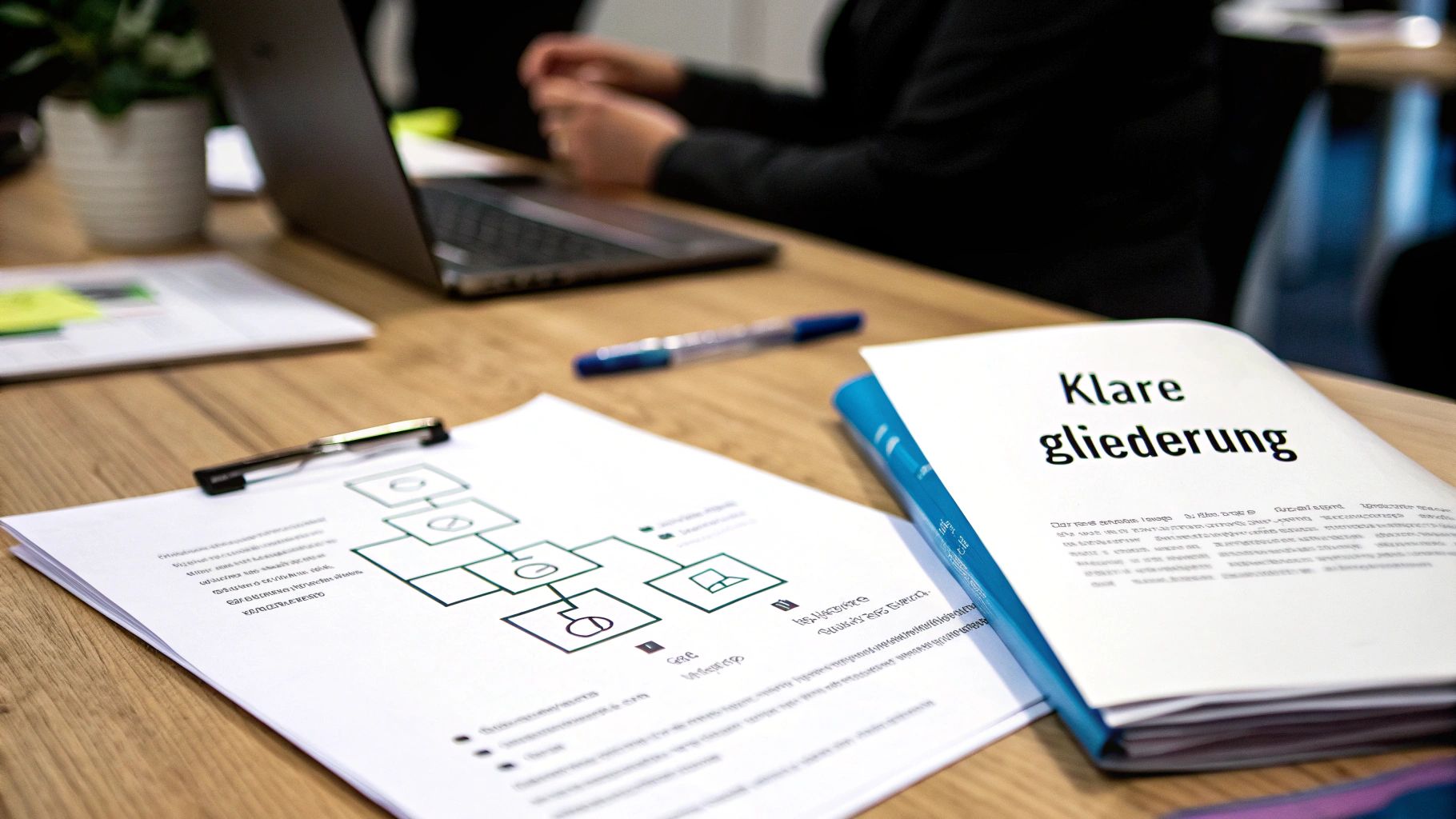 Schreibtisch mit Laptop, Dokumenten, Stift und einem Buch „Klarer Gliederung“ bei der Arbeit.
