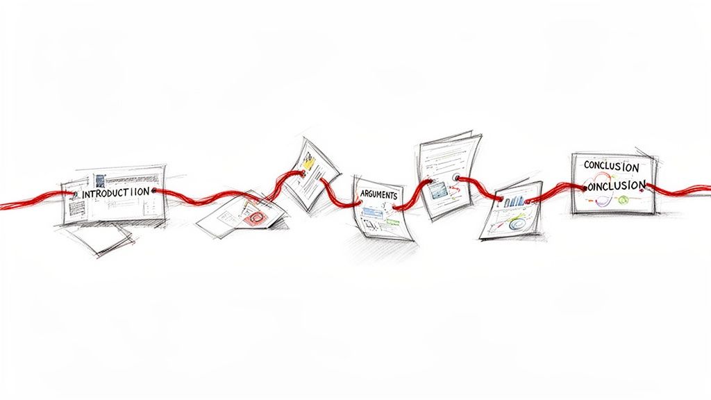 Skizzen von Dokumenten, verbunden durch eine rote Linie, zeigen den Aufbau einer wissenschaftlichen Arbeit von Einleitung bis Fazit.
