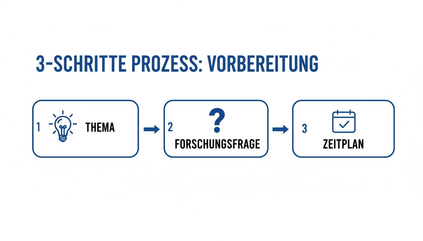Infografik zum 3-Schritte-Prozess der Vorbereitung wissenschaftlicher Arbeiten: Thema, Forschungsfrage, Zeitplan.