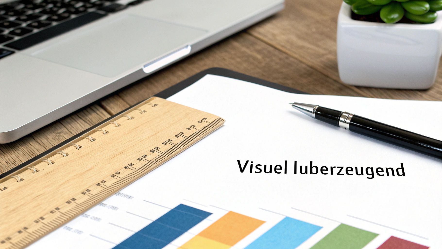 Ein Schreibtisch mit Laptop, Lineal, Stift und einem Dokument, das eine Grafik und den Text 'Visuel luberzeugend' zeigt.