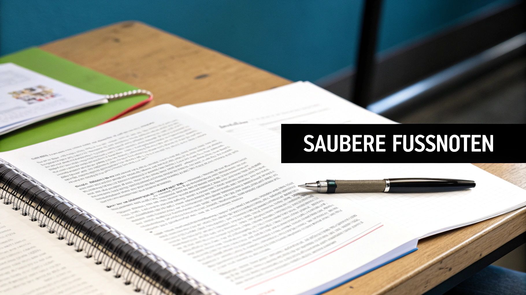 Ein Schreibtisch mit offenem Notizbuch, Stift und einem Banner mit der Aufschrift 'SAUBERE FUSSNOTEN'.