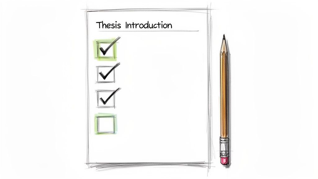 Skizze einer Checkliste für die Einleitung einer Abschlussarbeit mit drei abgehakten Punkten und einem Stift.