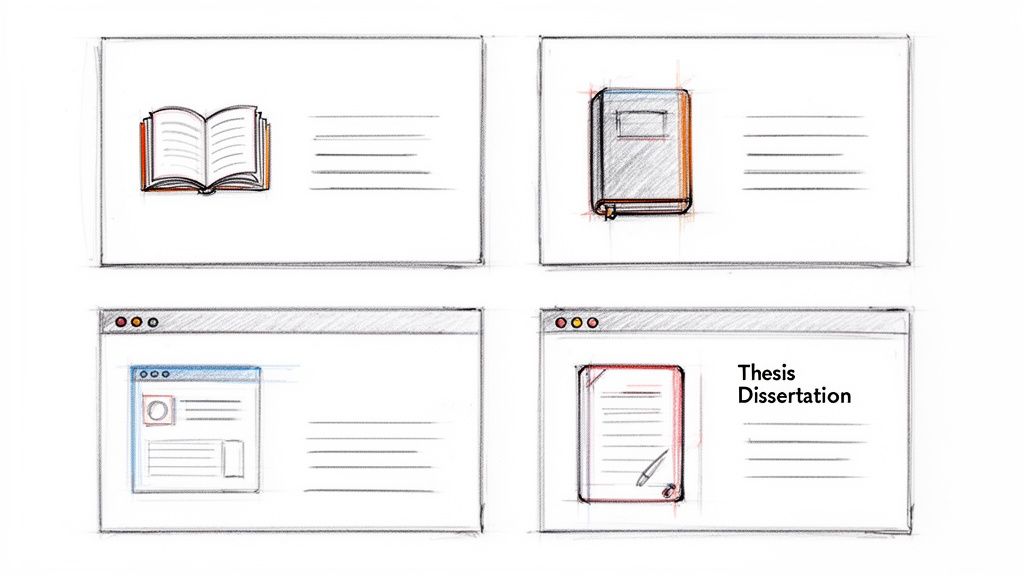 Vier Skizzen zeigen offene und geschlossene Bücher, eine Webseite und ein Dokument mit dem Titel 'Thesis Dissertation'.
