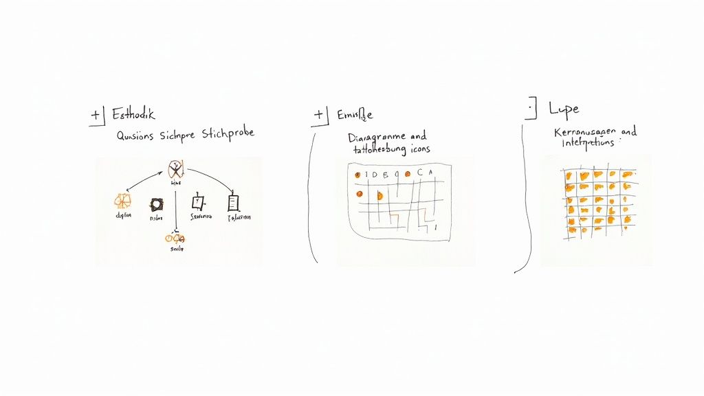 Eine Person vergleicht Diagramme an einer Tafel, die verschiedene Strukturen und Flüsse darstellen, was die fachspezifischen Unterschiede in der Gliederung einer Masterarbeit symbolisiert.