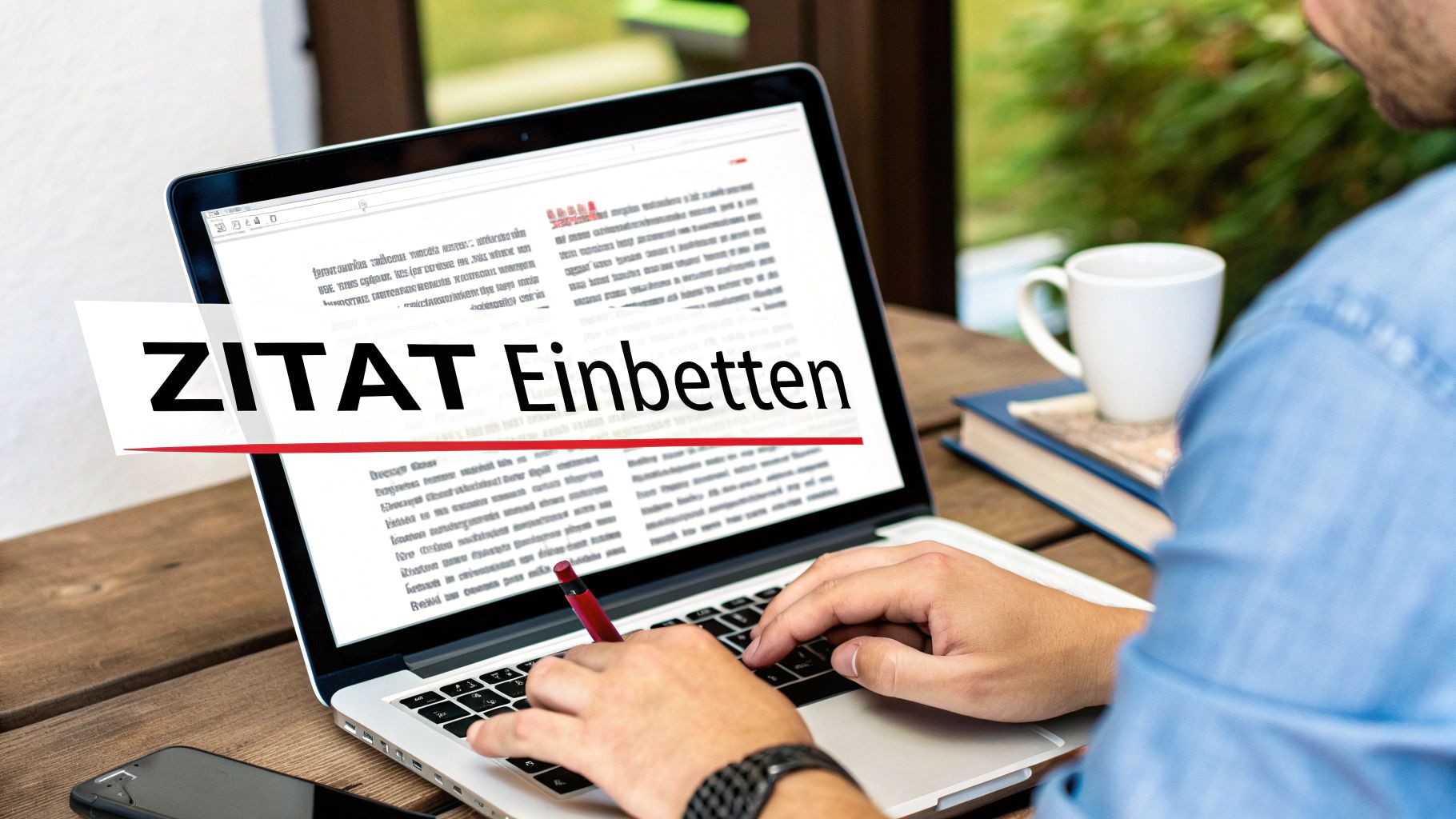 Eine Person arbeitet am Laptop mit dem Text