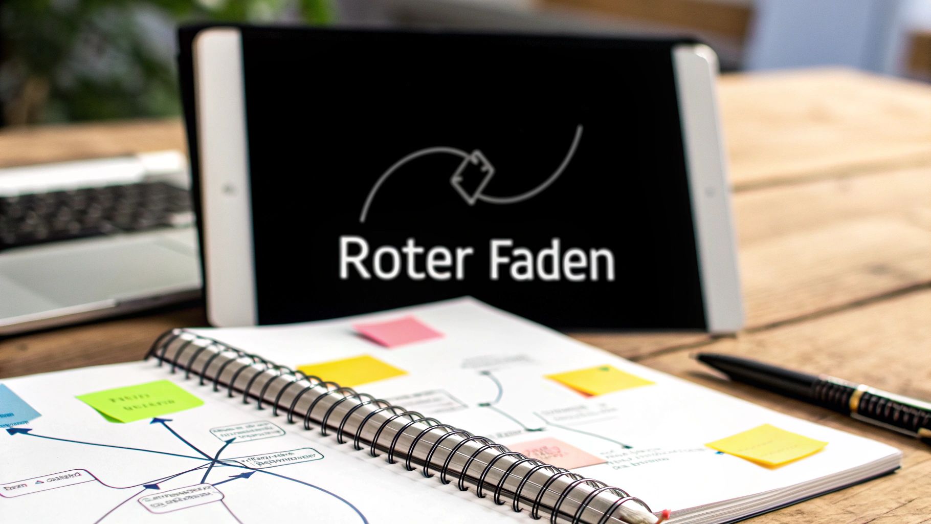 Eine Holzoberfläche mit einem Tablet, das den Text 'Roter Faden' zeigt, einem Laptop und einem Notizbuch mit Mindmap und Haftnotizen.