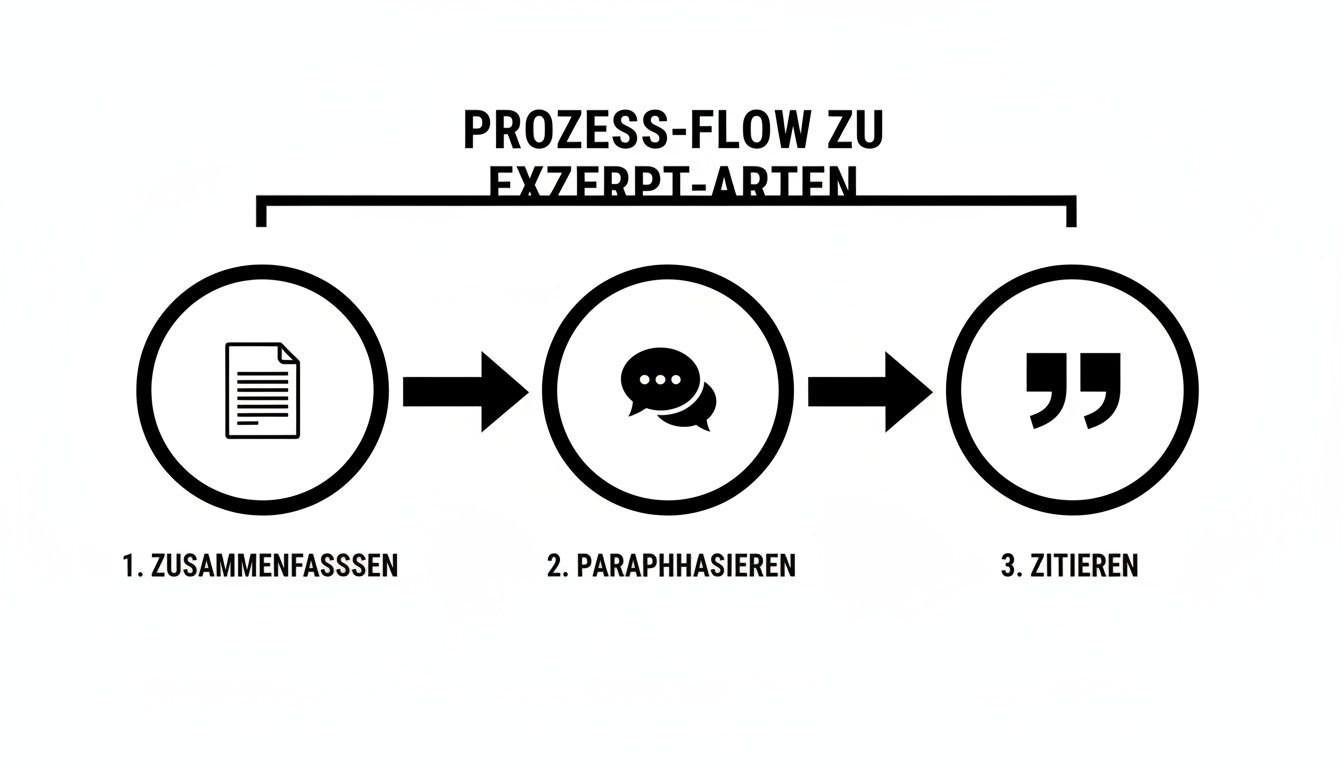 Prozess-Flow zur Erstellung von Exzerpten, bestehend aus Zusammenfassen, Paraphrasieren und Zitieren in drei Schritten.