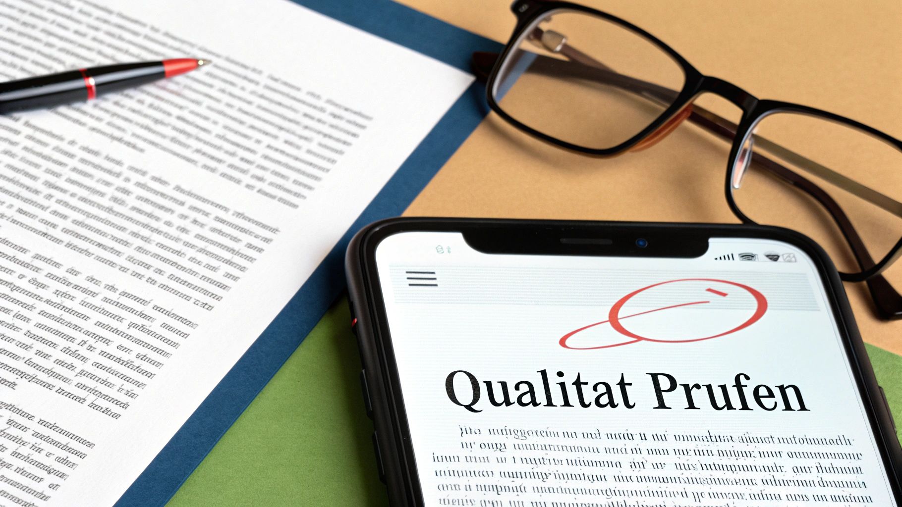 Ein Smartphone mit der Aufschrift 'Qualität Prüfen' liegt neben einem Dokument, einem Stift und einer Lesebrille.