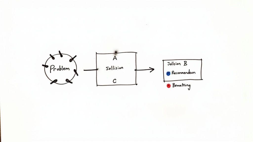Ein Flussdiagramm zeigt den Übergang von einem Problem zu Sollision A/C, gefolgt von Jollsion B mit Empfehlungen und Bewältigung.