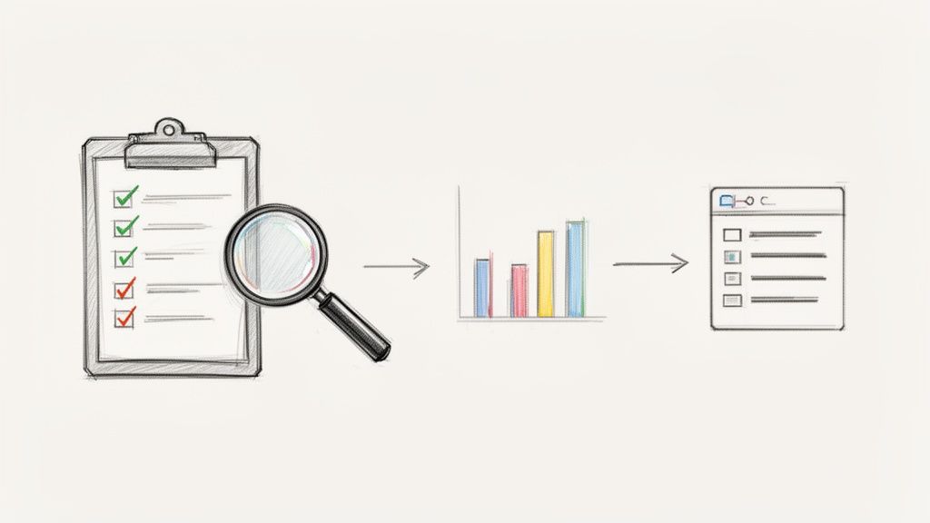 Skizze eines Datenanalyseprozesses: Checkliste mit Lupe, gefolgt von einem Balkendiagramm und einer Ergebnisübersicht.