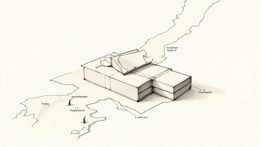 Architektonische Skizze eines komplexen Gebäudes auf einer stilisierten Karte mit verschiedenen Beschriftungen.