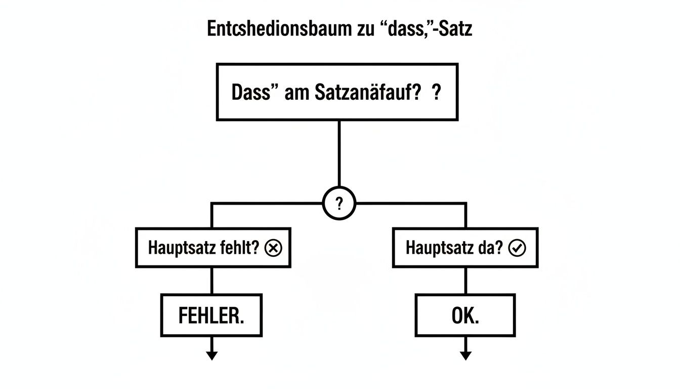 Entscheidungsbaum zur korrekten Verwendung von „dass“ am Satzanfang im Deutschen, zeigt Fehler und korrekte Satzstrukturen.