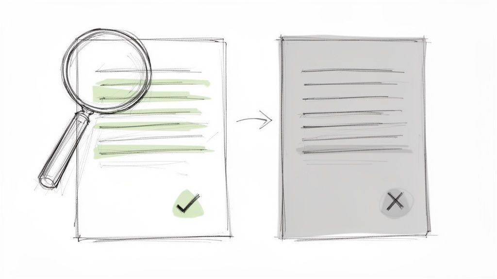 Lupe prüft Dokument mit grünen Hervorhebungen und Haken, daneben ein abgelehntes Dokument mit Kreuz.