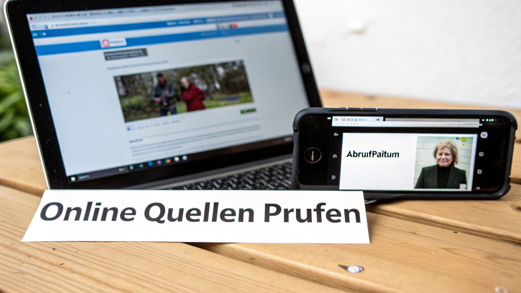 Ein Laptop und ein Smartphone zeigen Online-Videos, davor ein Schild mit der Aufschrift „Online Quellen Prüfen“.