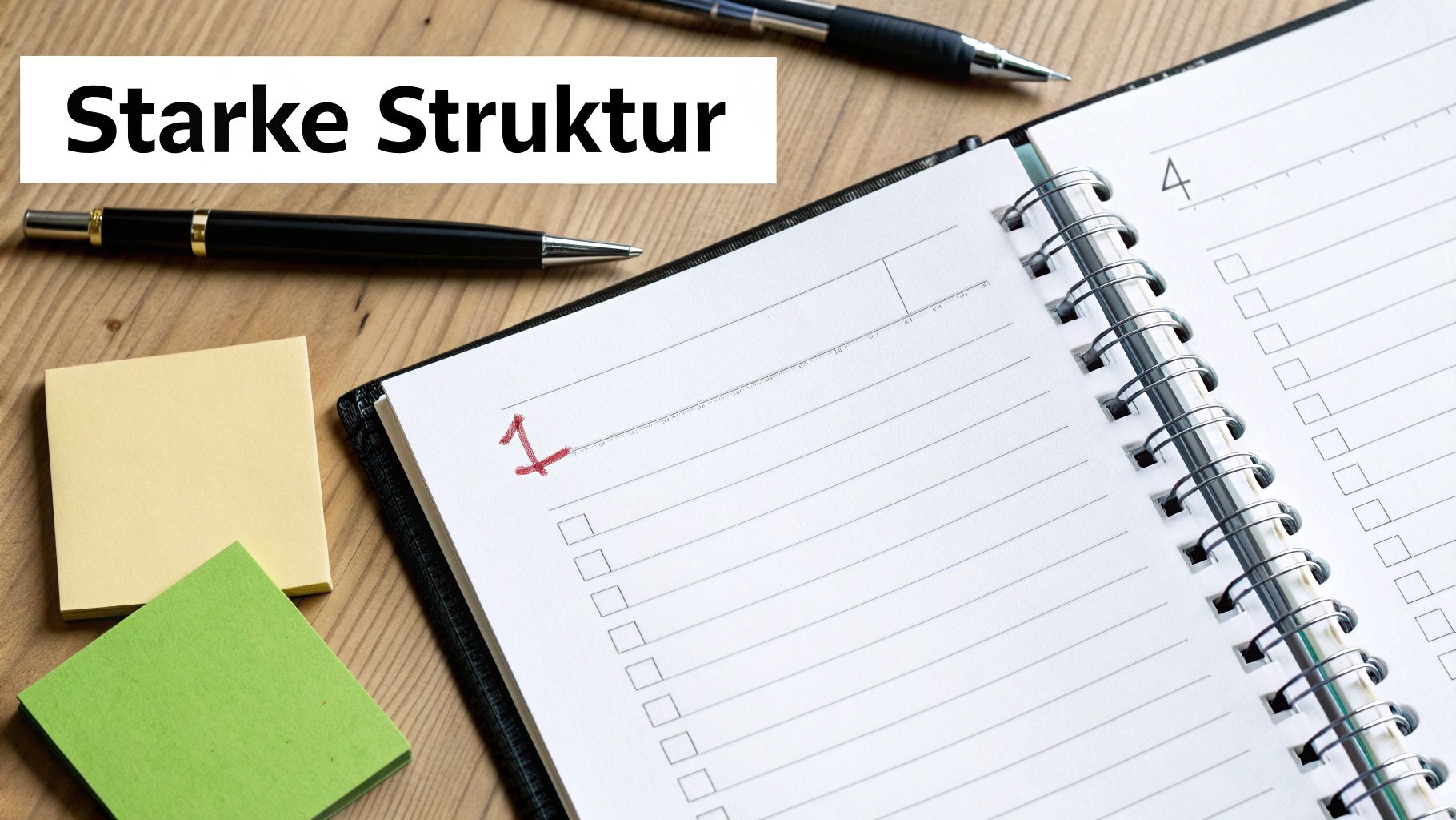 Schreibtisch mit Stiften, Haftnotizen und einem offenen Planer mit der Aufschrift 'Starke Struktur'.