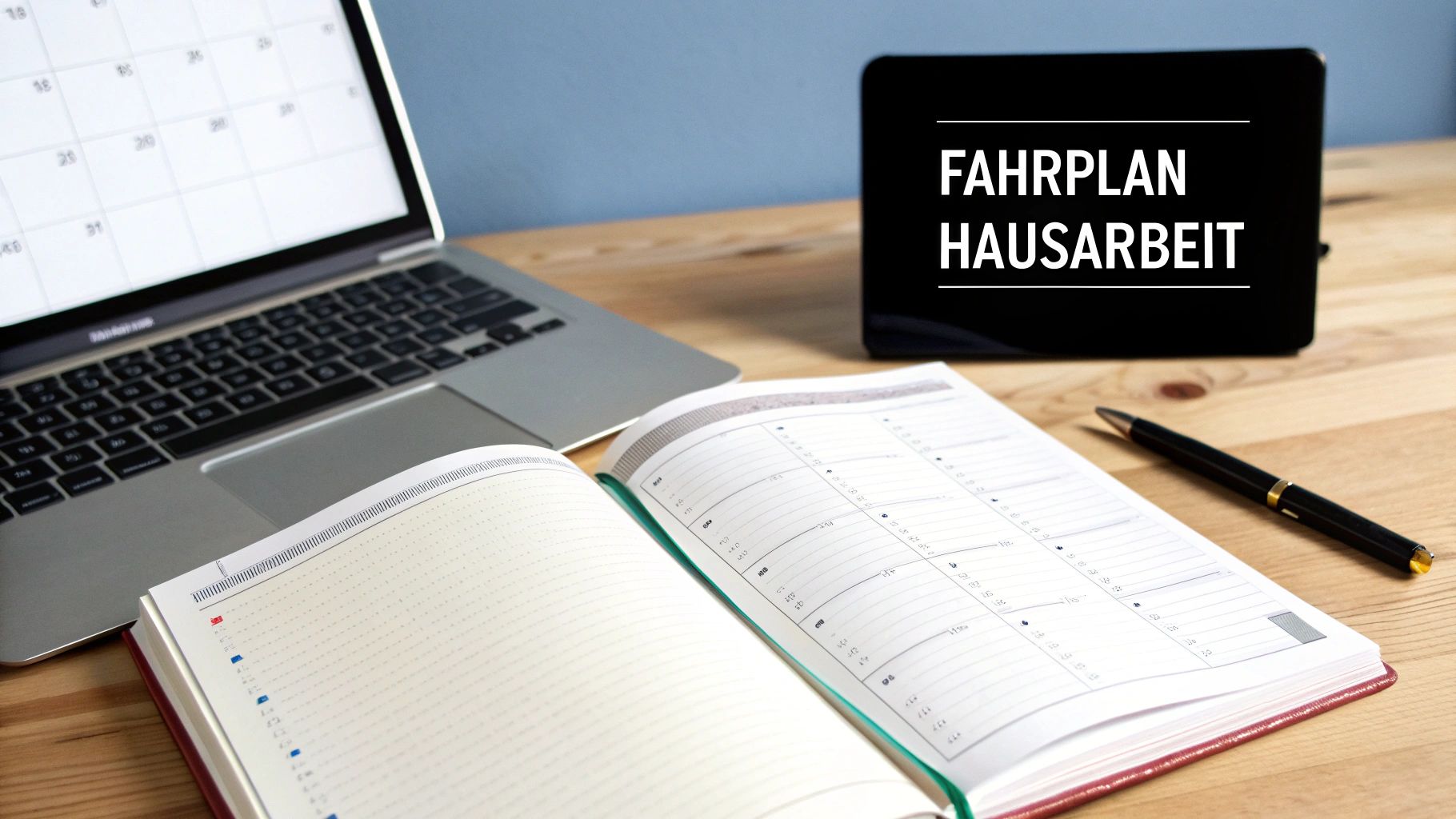 Laptop, offener Planer und Stift auf Holztisch mit einem Schild 'Fahrplan Hausarbeit'.