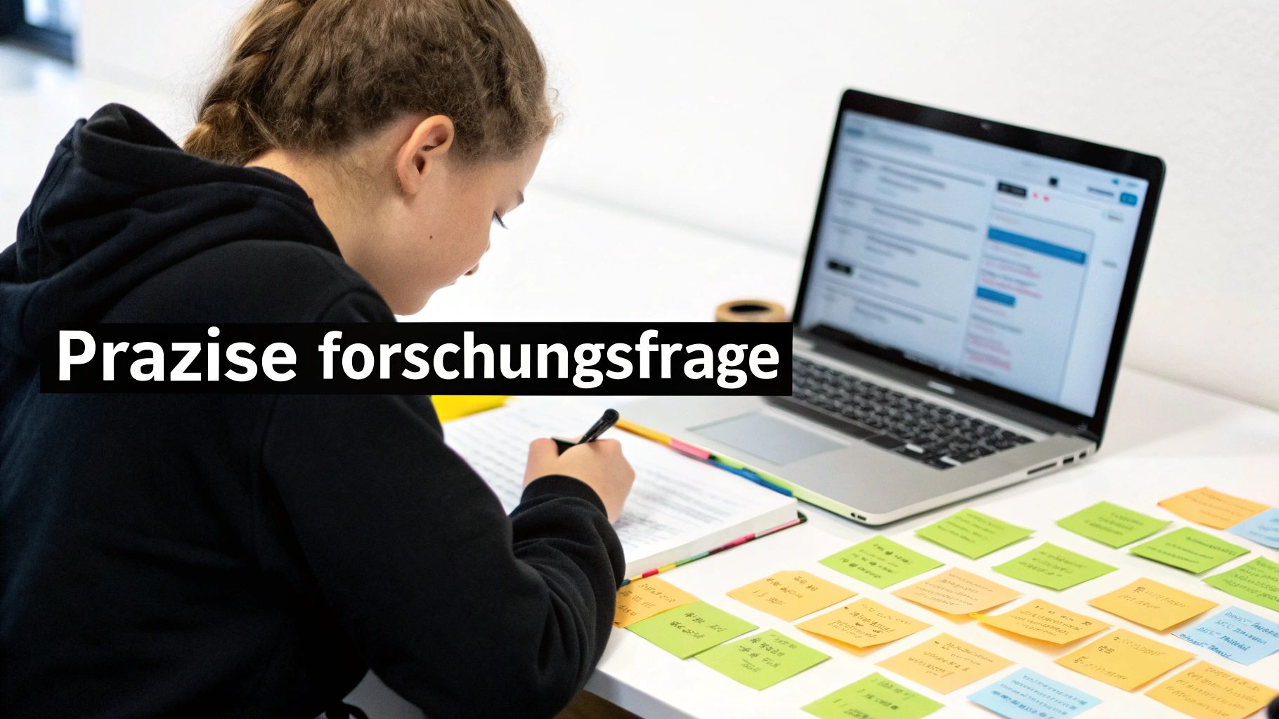 Eine Person schreibt Notizen in ein Buch, umgeben von bunten Haftnotizen und einem Laptop, mit dem Text "Präzise forschungsfrage".