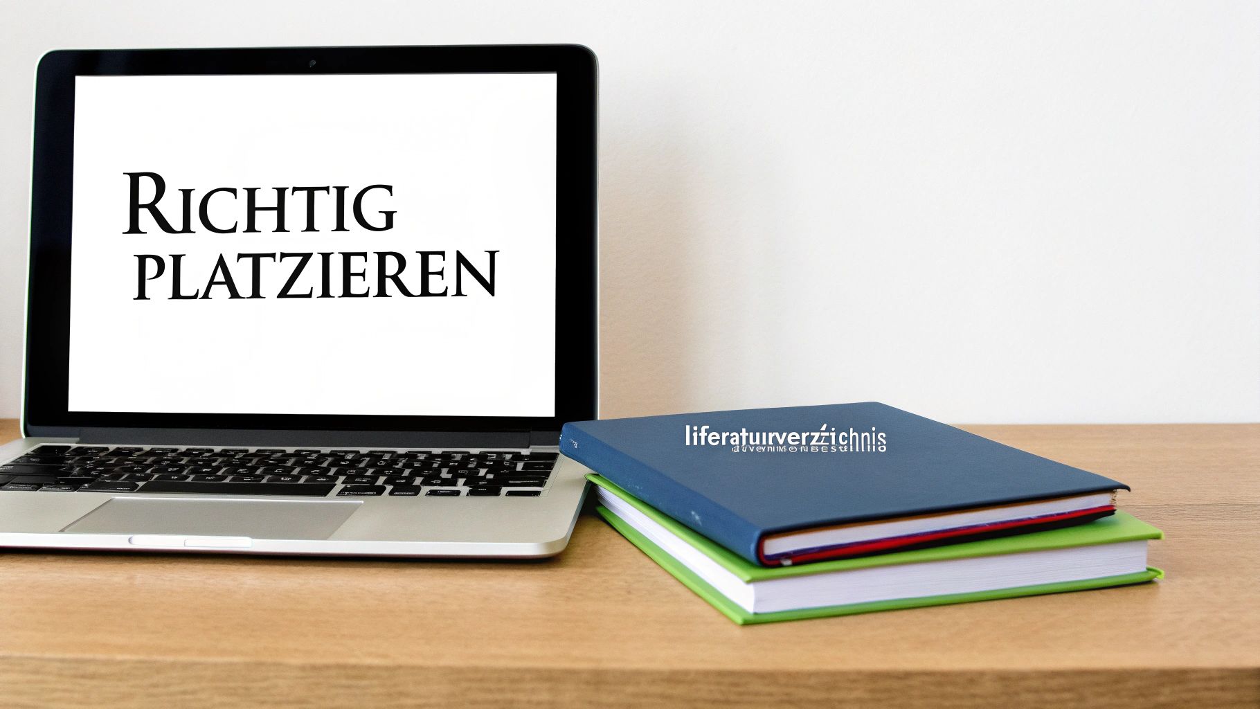 Laptop mit dem Text 'RICHTIG PLATZIEREN' und ein Stapel Bücher, eines mit 'Literaturverzeichnis'.