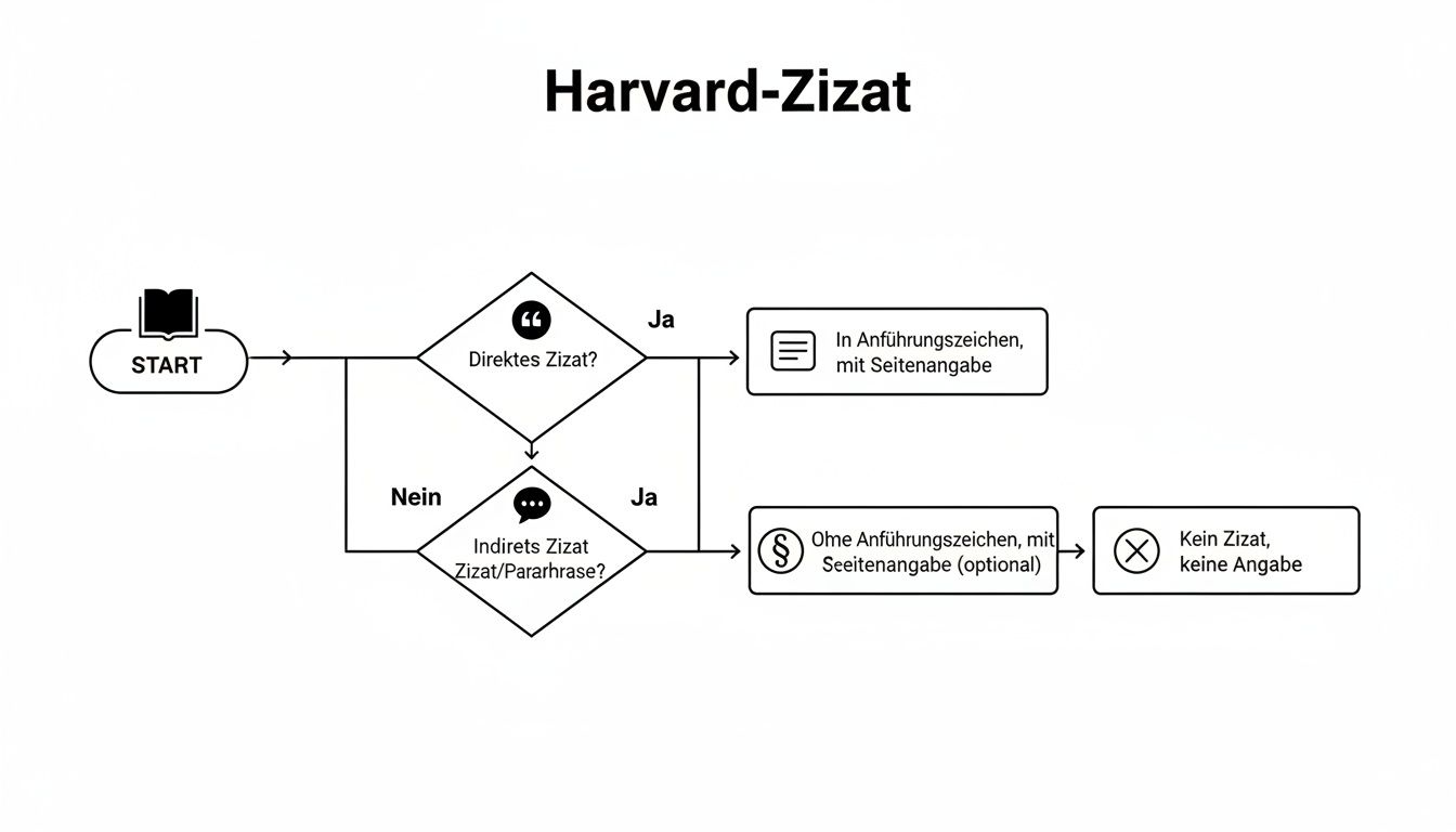 Flussdiagramm erklärt die Harvard-Zitierweise: Regeln für direkte und indirekte Zitate sowie Paraphrasen.