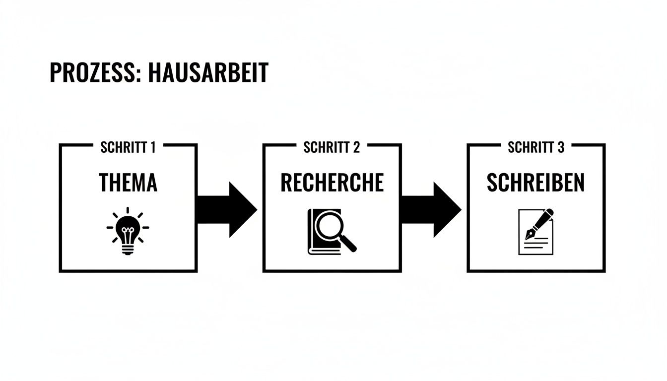 Flussdiagramm zeigt den Prozess einer Hausarbeit in drei Schritten: Thema finden, Recherche durchführen und die Arbeit schreiben.