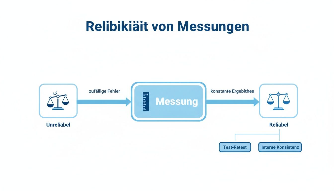 Diagramm erklärt Reliabilität von Messungen: zufällige Fehler führen zu Unzuverlässigkeit, konstante Ergebnisse zu Zuverlässigkeit. Methoden: Test-Retest, Interne Konsistenz.