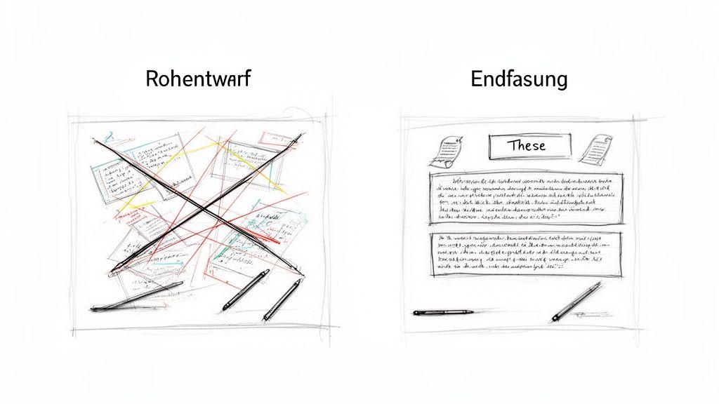 Gegenüberstellung von einem chaotischen Rohentwurf und einer strukturierten Endfassung eines Textes mit Notizen und Stiften.