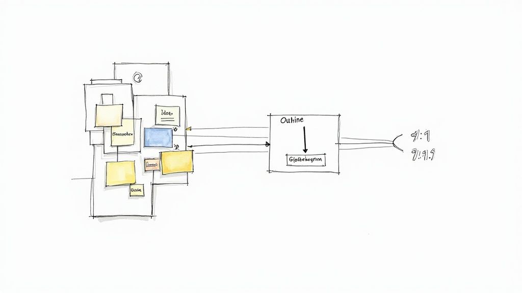 Eine handgezeichnete Skizze eines Planungsprozesses mit Notizen wie 'Idee' und 'Gliederung' und farbigen Boxen.