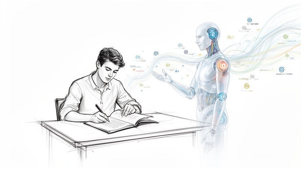 Junger Mann studiert mit KI-Unterstützung, während ein Roboter Datenströme zeigt.