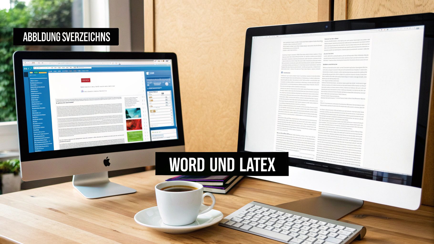 Zwei Monitore auf einem Holzschreibtisch, die Dokumente zu Word und LaTeX sowie ein Abbildungsverzeichnis zeigen.