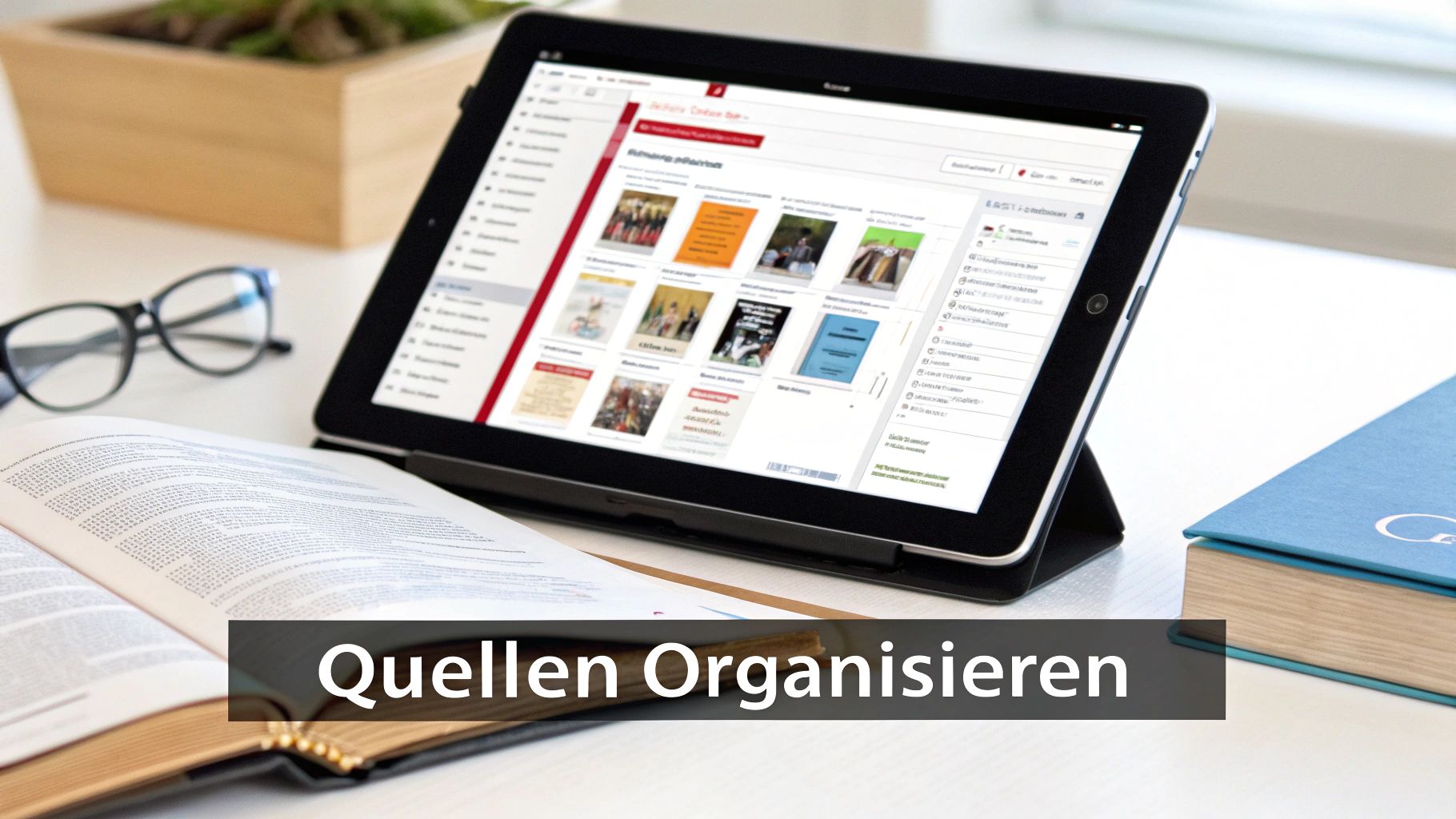 Tablet zeigt eine Online-Bibliothek mit Büchern und Artikeln, daneben ein aufgeschlagenes Buch, Brille und ein weiterer Band, für effiziente Quellenorganisation.