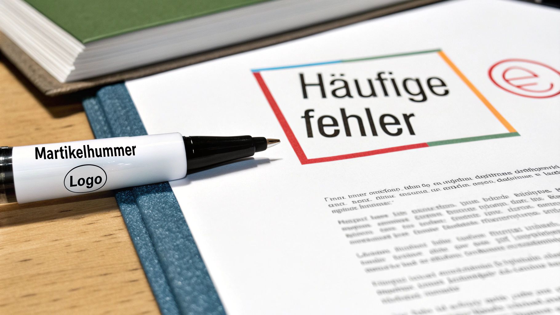 Ein Stift mit der Aufschrift 'Martikelhummer Logo' liegt auf einem Dokument mit der Überschrift 'Häufige Fehler'.