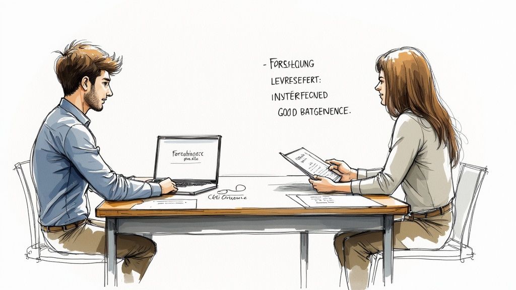 Ein Student und ein Professor sitzen sich in einem Büro gegenüber und diskutieren über Unterlagen.