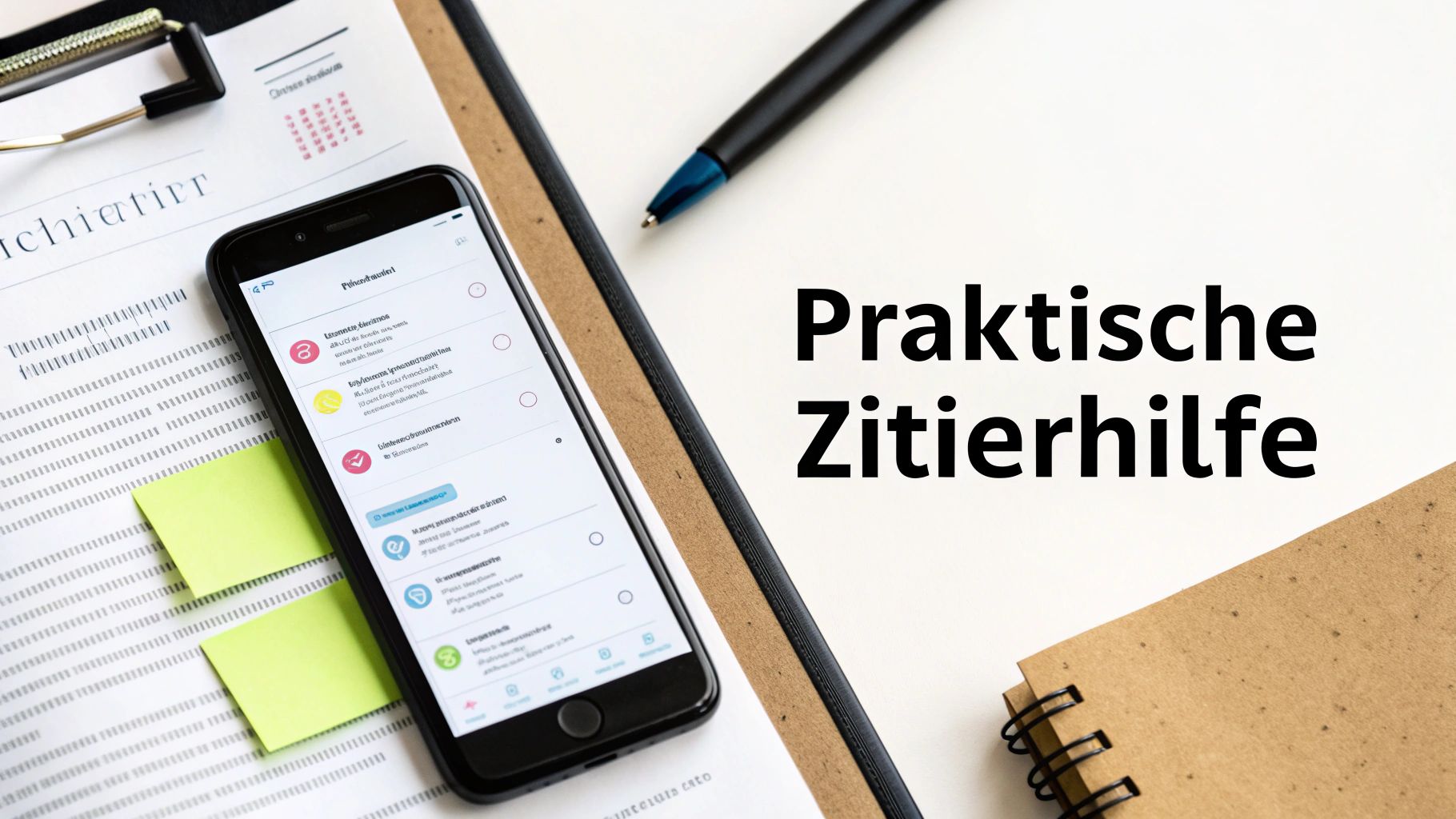Smartphone mit App zur Zitierhilfe, daneben Stift, Notizbuch und Dokumente auf einem Schreibtisch.