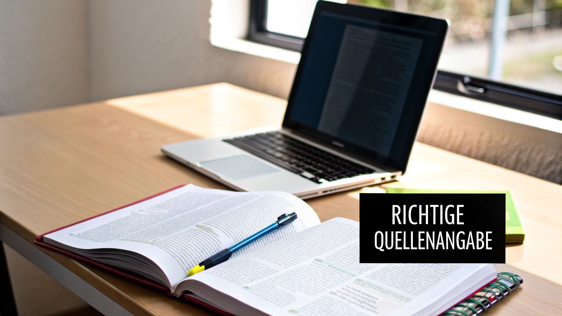 Arbeitstisch mit Laptop, offenem Buch und Stift, dazu der Hinweis 