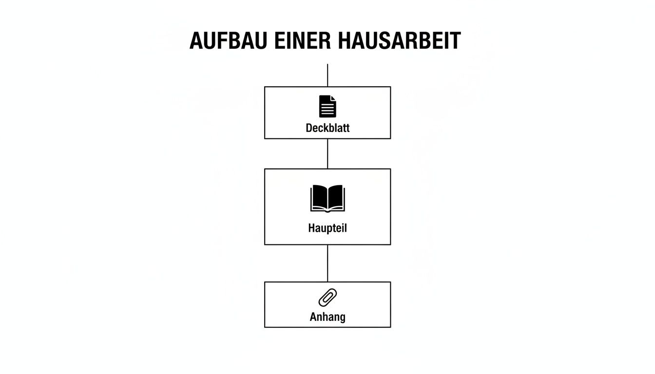 Flussdiagramm zeigt den Aufbau einer Hausarbeit: Deckblatt, Hauptteil und Anhang mit Icons.