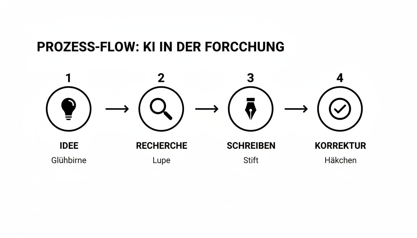 Prozess-Flow: KI in der Forschung dargestellt in vier Schritten: Idee, Recherche, Schreiben, Korrektur.