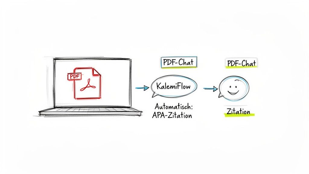 Laptop zeigt PDF-Datei, die über KalemiFlow automatische APA-Zitationen und PDF-Chats generiert.