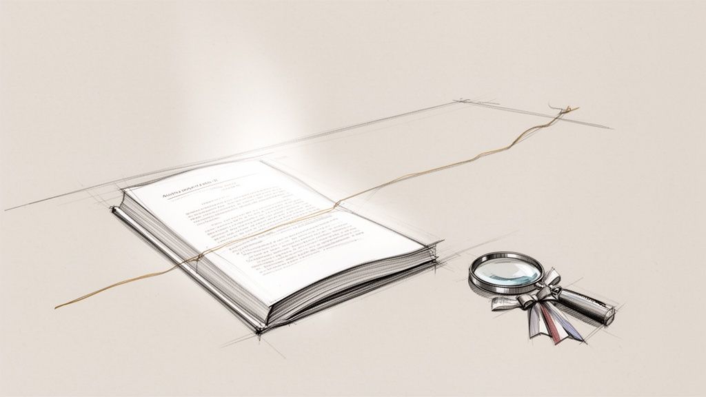 Skizze eines offenen Buches mit Faden und Lupe, symbolisiert wissenschaftliche Arbeit und Forschung.