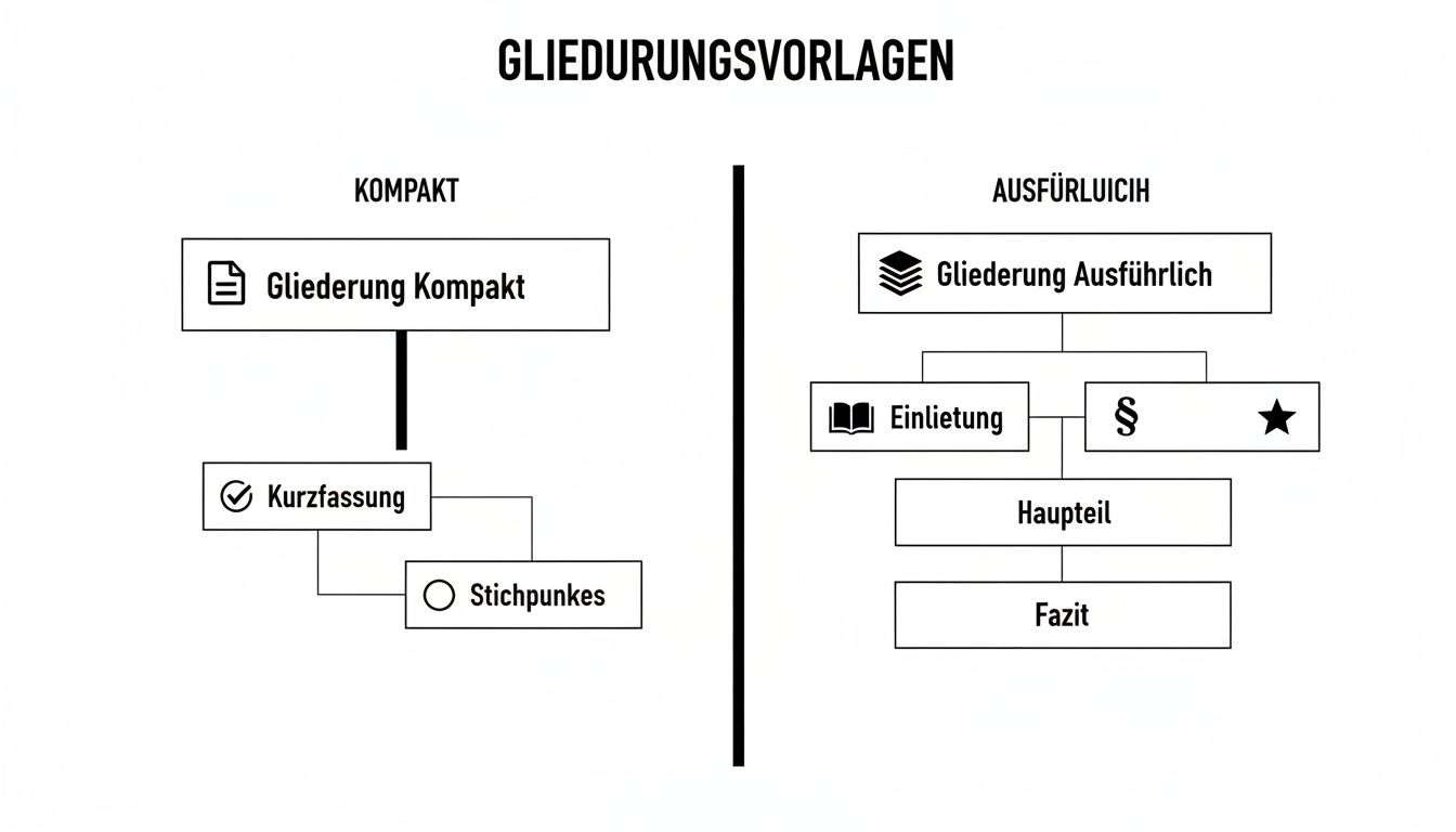 Diagramm zeigt zwei Gliederungsvorlagen: kompakt mit Kurzfassung und Stichpunkten, ausführlich mit Einleitung, Hauptteil und Fazit.