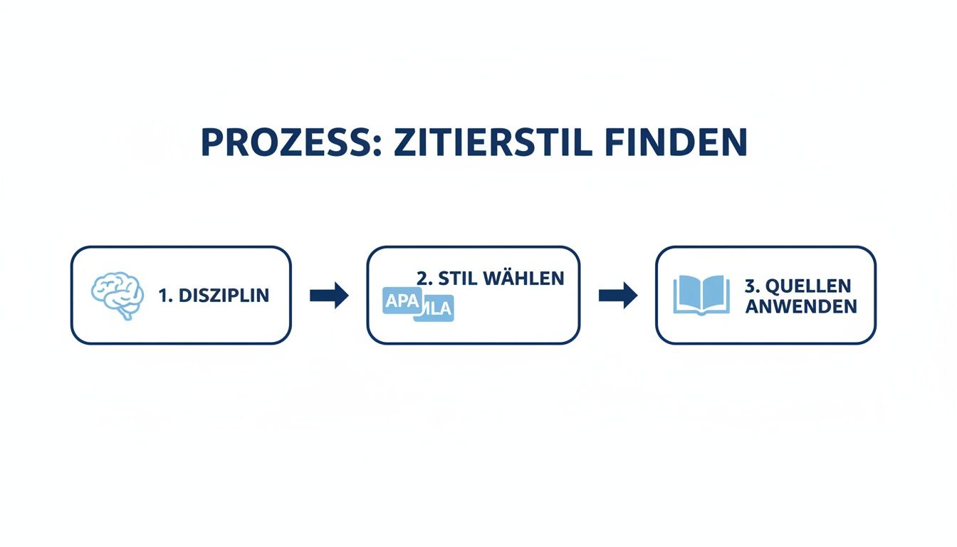 Ein Flussdiagramm zeigt den Prozess zur Auswahl eines Zitierstils in drei Schritten: Disziplin, Stil wählen, Quellen anwenden.