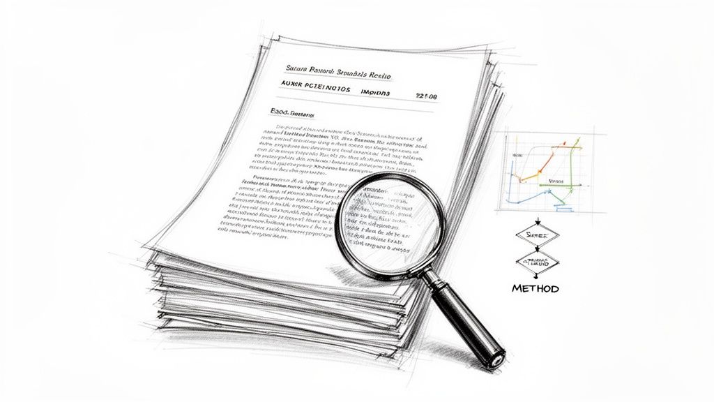 Handgezeichnete Skizze von Dokumenten, Lupe, Graph und Flussdiagramm zur Methodenentwicklung und Analyse.