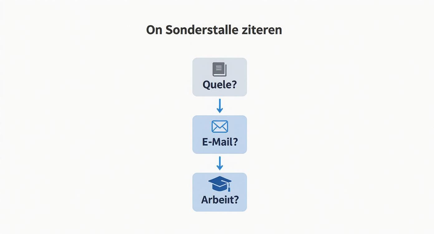 Flussdiagramm zum Zitieren in Sonderfällen mit Fragen zu Quelle, E-Mail und wissenschaftlicher Arbeit.