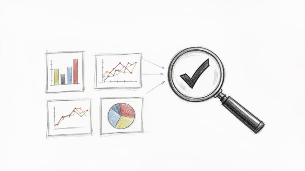 Handgezeichnete Skizze von verschiedenen Diagrammen, die durch Pfeile auf eine Lupe mit einem Häkchen zur Datenanalyse und Validierung hinweisen.
