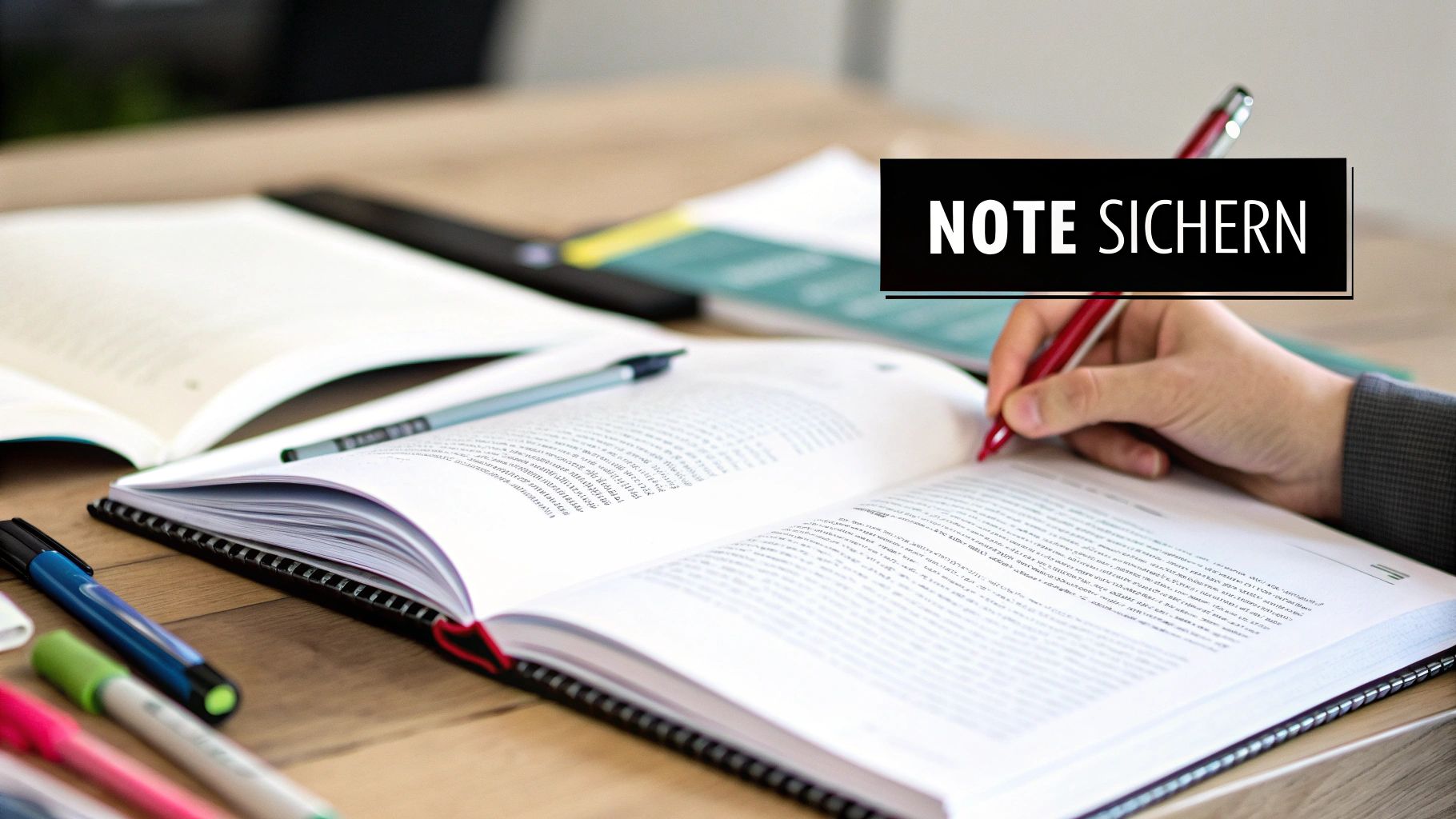 Eine Person schreibt mit einem roten Stift in ein offenes Buch auf einem Holztisch, um Notizen zu sichern.