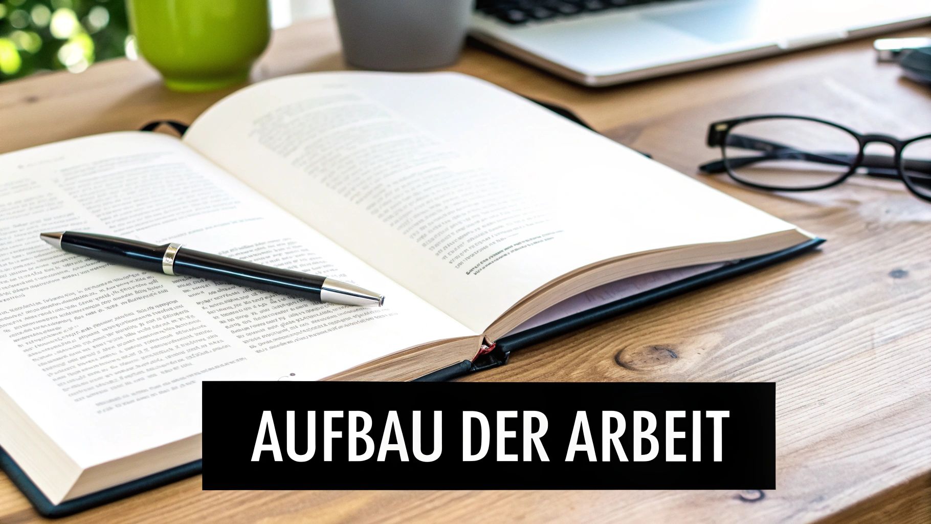 Ein offenes Buch mit einem Stift auf einem Holztisch, daneben Brille. Text: Aufbau der Arbeit.